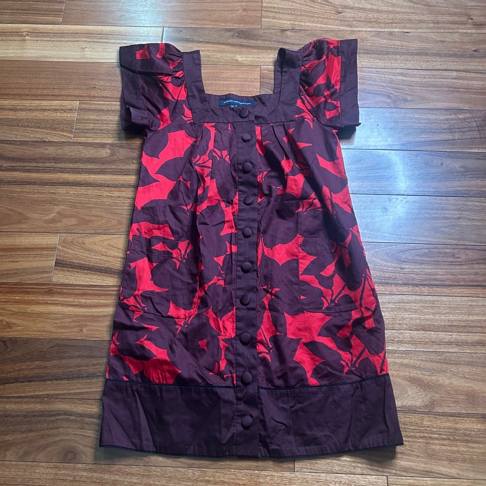 French‎ Connection Floral Print babydoll Dress Pockets Button Front Red Brown - Picture 5 of 8